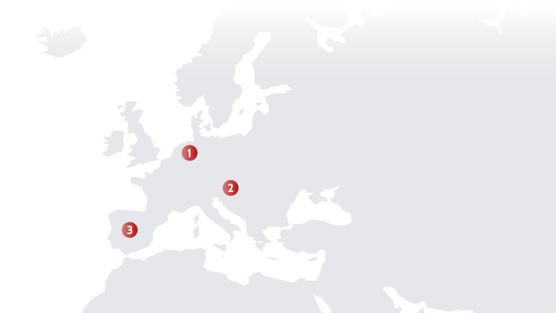ヨーロッパにおける全3か所の拠点を示す地図